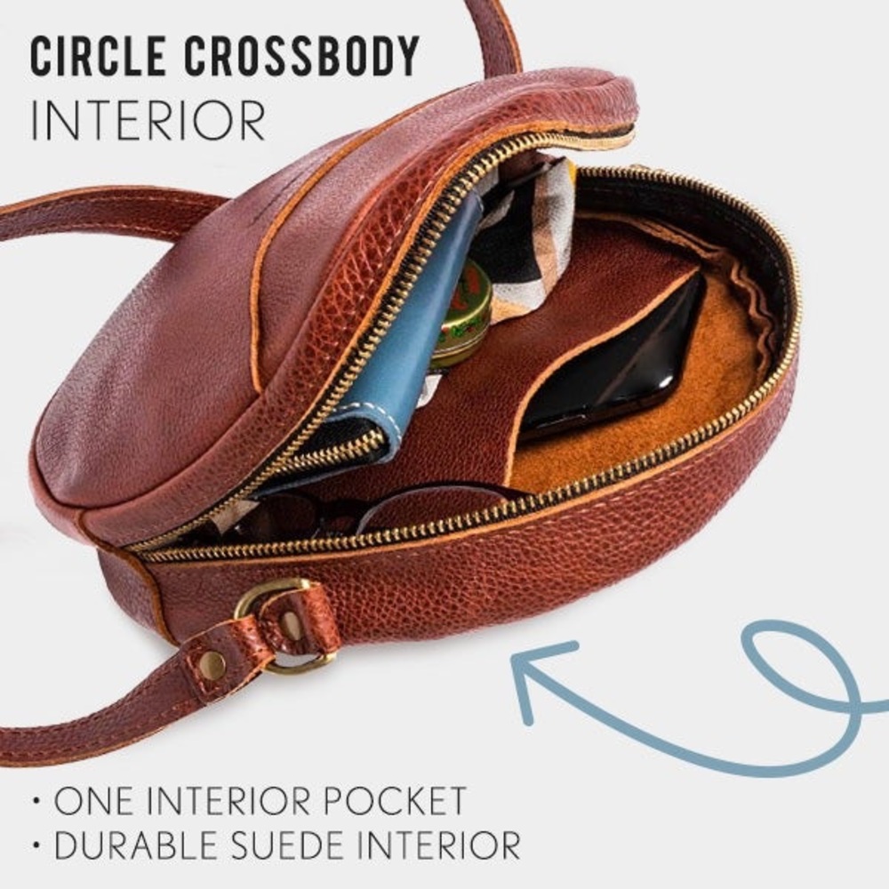 Portland Leather Goods Circle Crossbody Bag – Pebbled Leather Brown - Picture 2 of 16